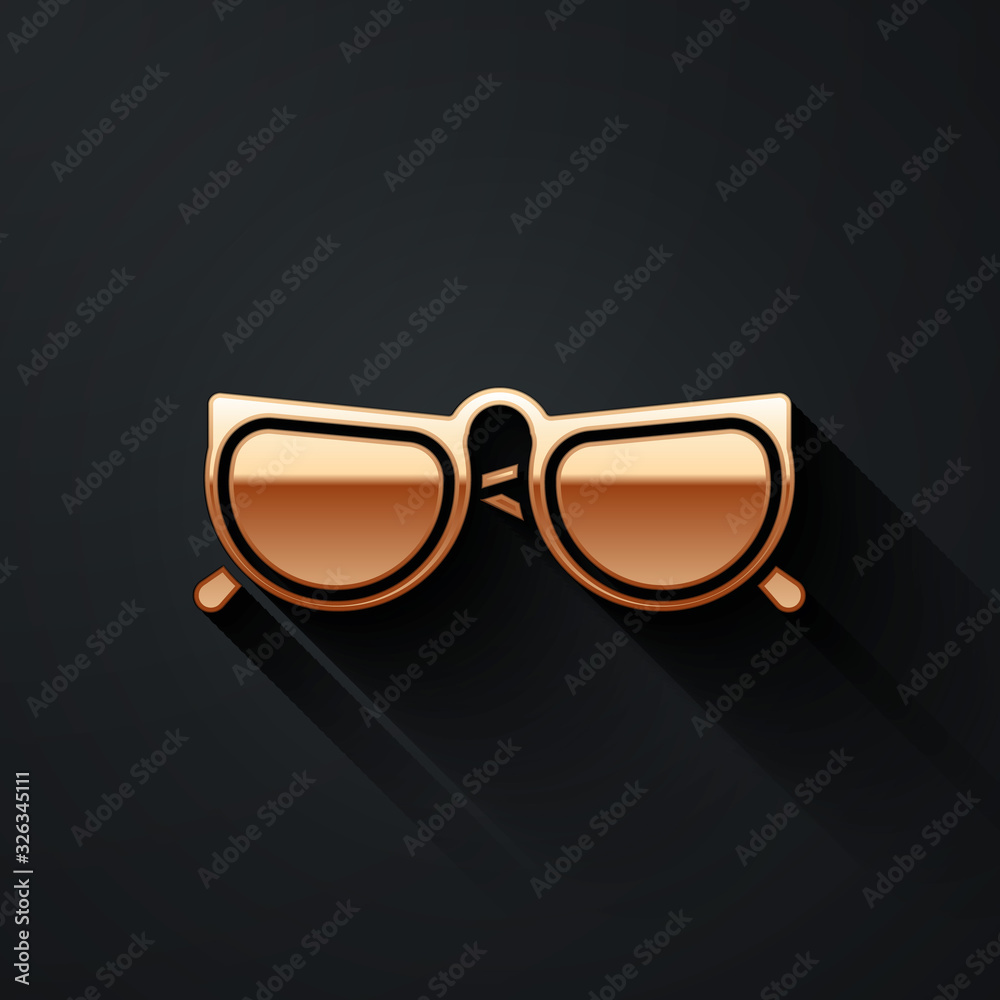 Gold Glasses icon isolated on black background. Eyeglass frame symbol. Long shadow style. Vector Ill