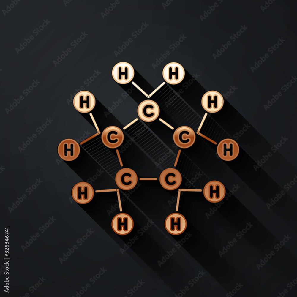 黑色背景下分离的金分子油图标。化学中分子的结构。长阴影