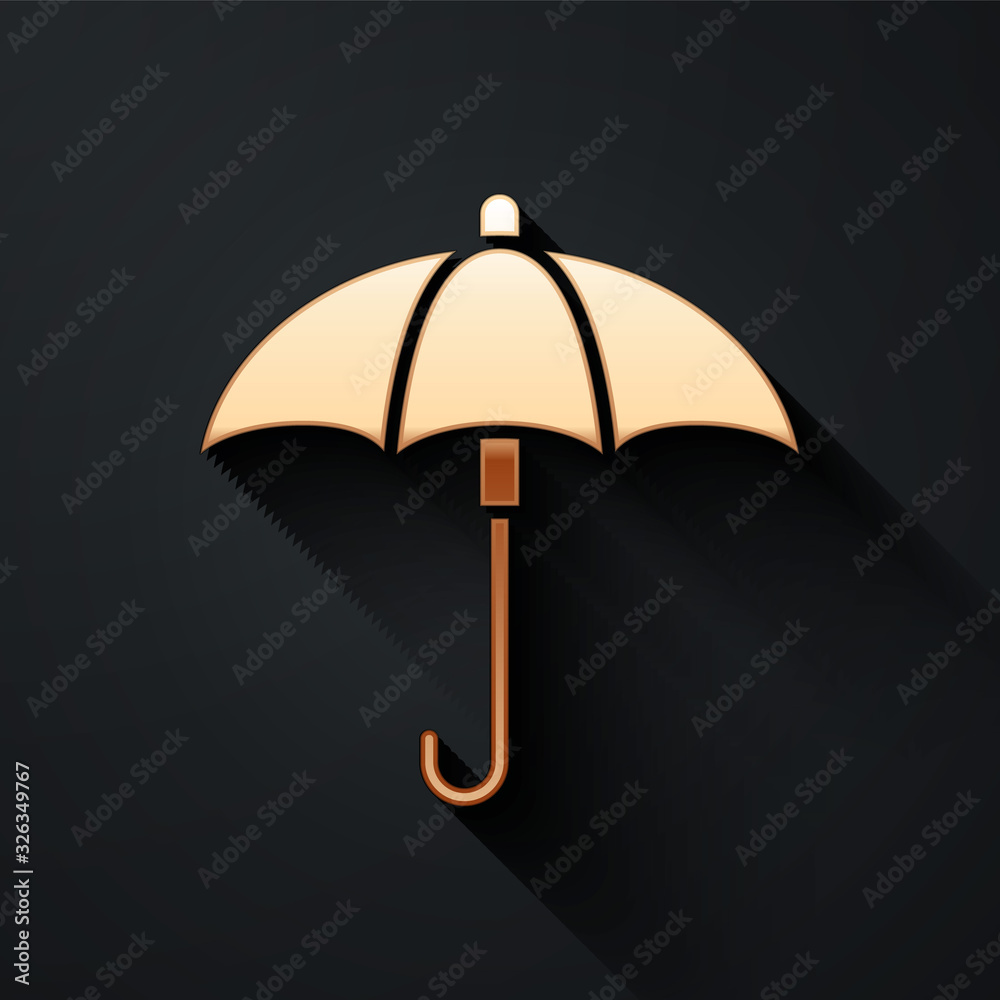 Gold Classic elegant opened umbrella icon isolated on black background. Rain protection symbol. Long