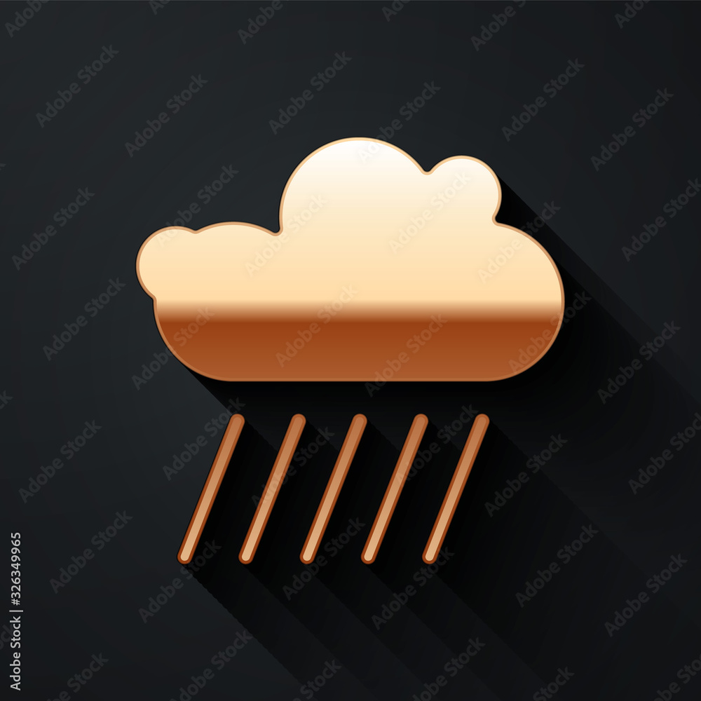 Gold Cloud with rain icon isolated on black background. Rain cloud precipitation with rain drops. Lo