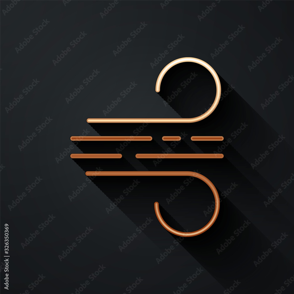 Gold Wind icon isolated on black background. Windy weather. Long shadow style. Vector Illustration