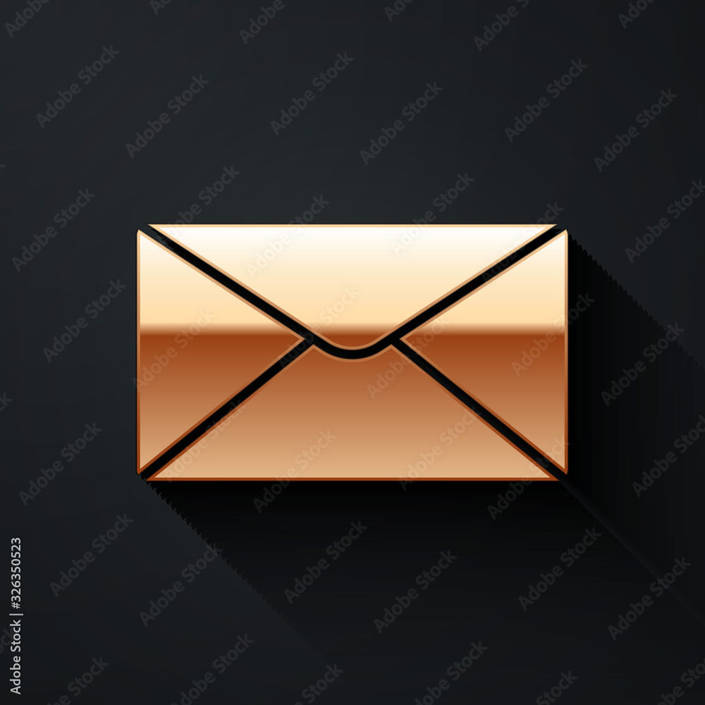 Gold Envelope icon isolated on black background. Email message letter symbol. Long shadow style. Vec