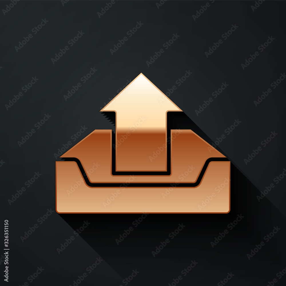 Gold Upload inbox icon isolated on black background. Long shadow style. Vector Illustration