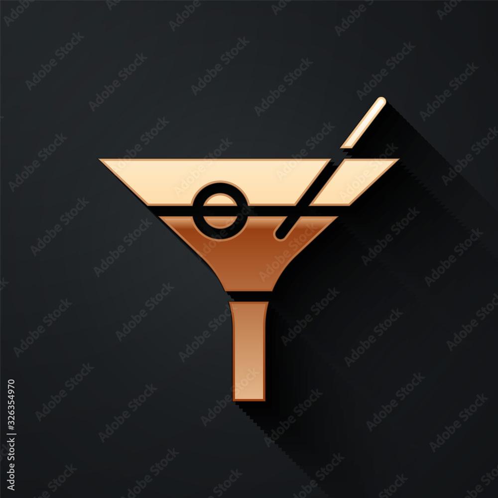 Gold Martini glass icon isolated on black background. Cocktail icon. Wine glass icon. Long shadow st