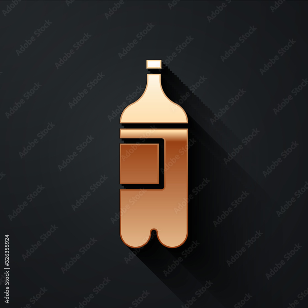 Gold Bottle of water icon isolated on black background. Soda aqua drink sign. Long shadow style. Vec