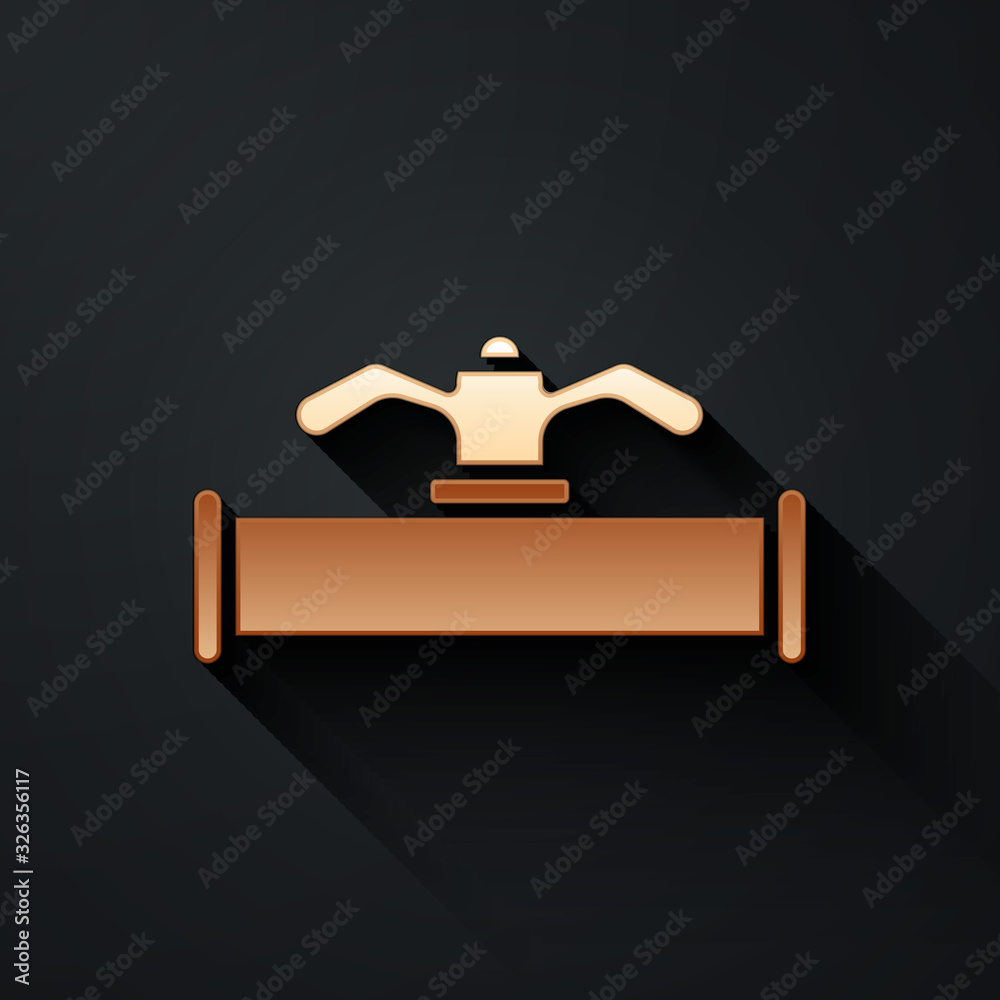 Gold Industry metallic pipe and valve icon isolated on black background. Long shadow style. Vector I