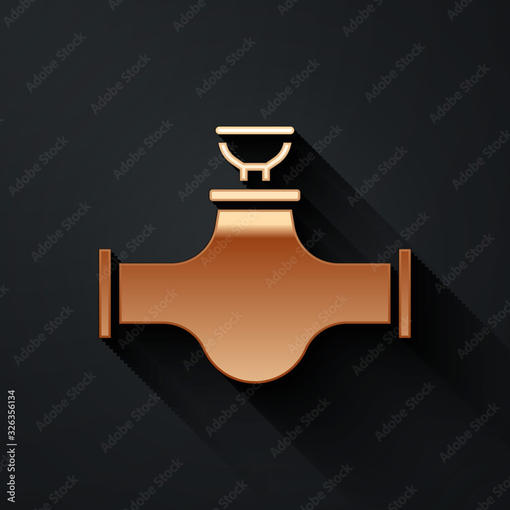 Gold Industry metallic pipe and valve icon isolated on black background. Long shadow style. Vector I