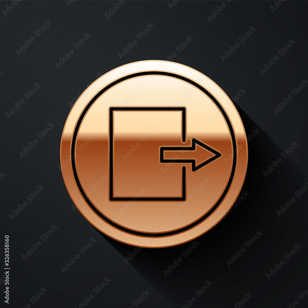 Gold Fire exit icon isolated on black background. Fire emergency icon. Long shadow style. Vector Ill