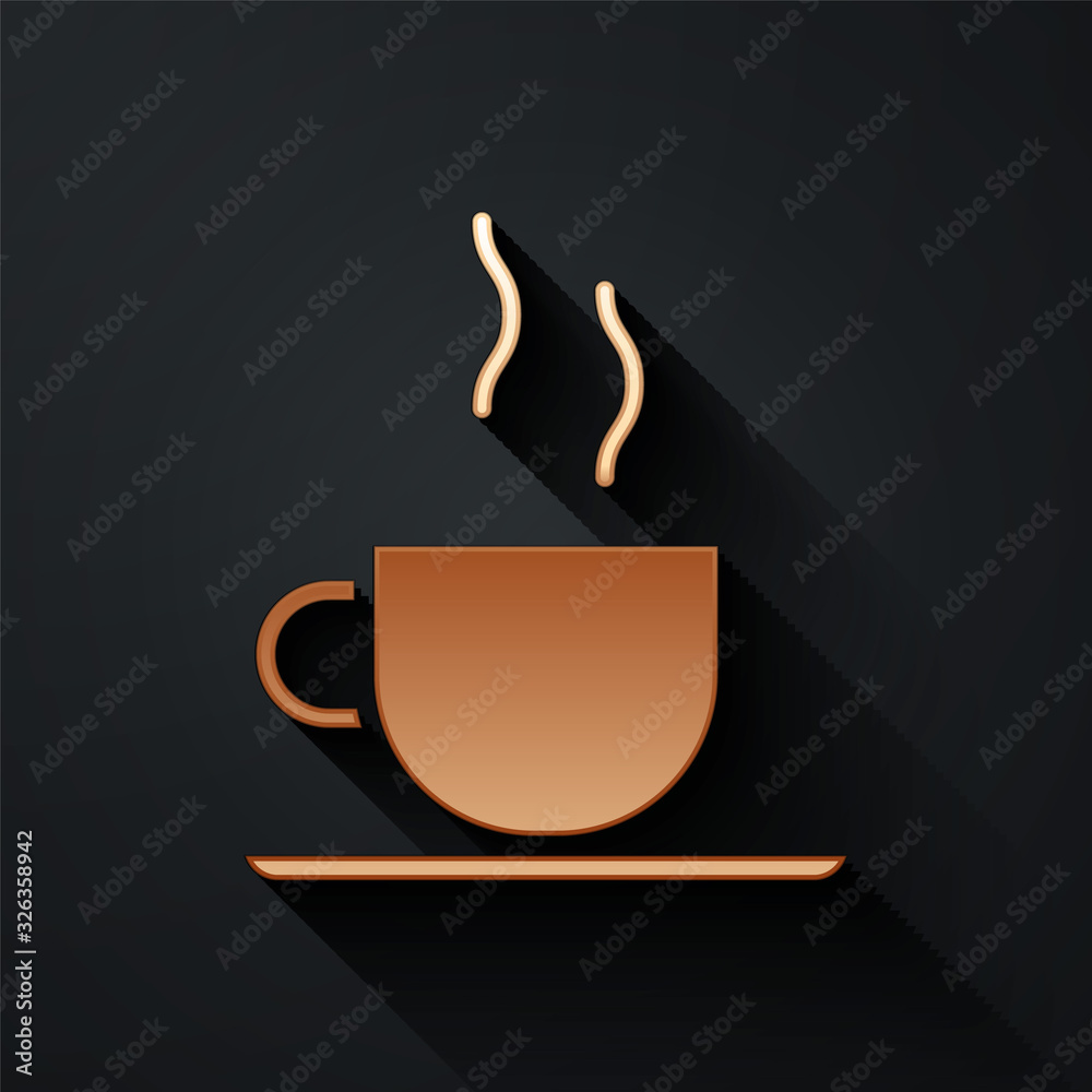 Gold Coffee cup icon isolated on black background. Tea cup. Hot drink coffee. Long shadow style. Vec