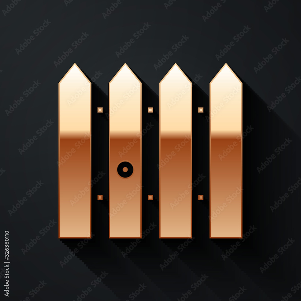 Gold Garden fence wooden icon isolated on black background. Long shadow style. Vector Illustration