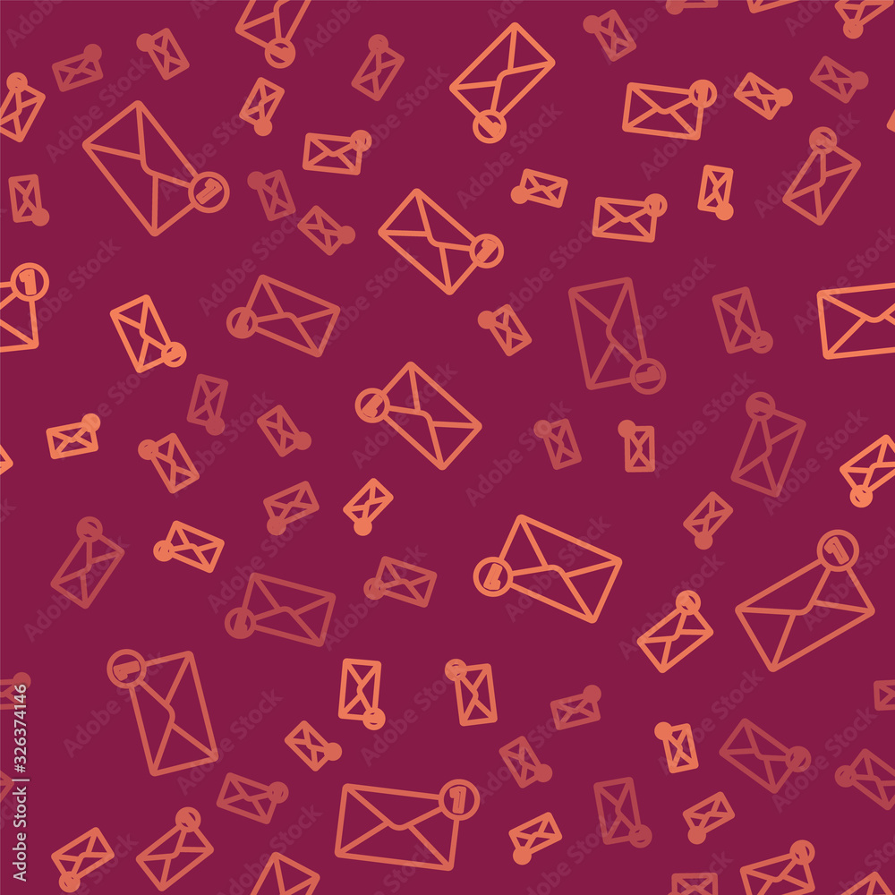 Brown line Envelope icon isolated seamless pattern on red background. Received message concept. New,