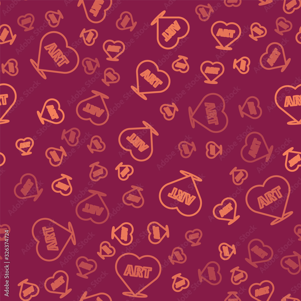 Brown line Heart with text art icon isolated seamless pattern on red background. Vector Illustration