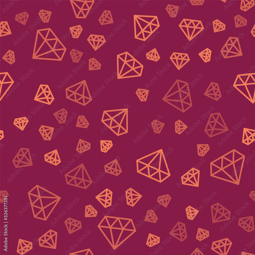 Brown line Diamond icon isolated seamless pattern on red background. Jewelry symbol. Gem stone. Vect