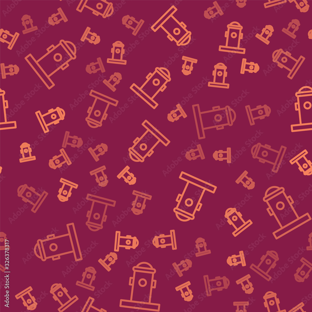 Brown line Fire hydrant icon isolated seamless pattern on red background. Vector Illustration