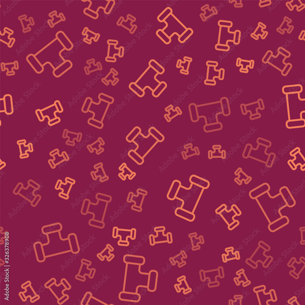 Brown line Industry metallic pipe icon isolated seamless pattern on red background. Plumbing pipelin