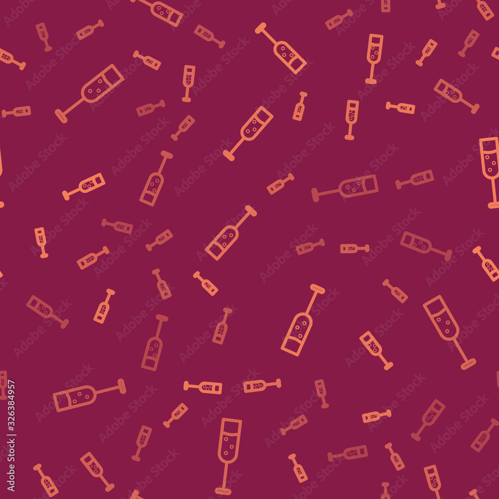 Brown line Glass of champagne icon isolated seamless pattern on red background. Vector Illustration