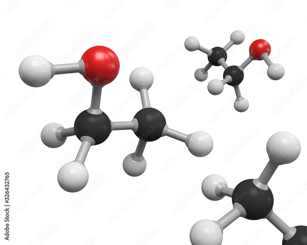 Structural chemical formula of ethanol molecule on white background, 3d illustration.