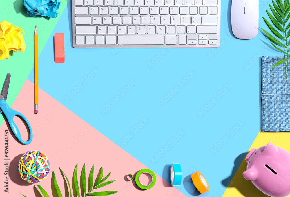 Office supplies with keyboard and mouse - flat lay