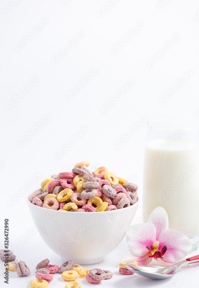 Corn cereal breakfast flake in children cups and milk is a healthy breakfast that is good for your b