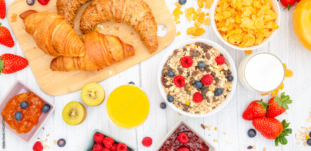 Breakfast Served in the morning with Butter croissant and corn flakes Whole grains and raisins with 