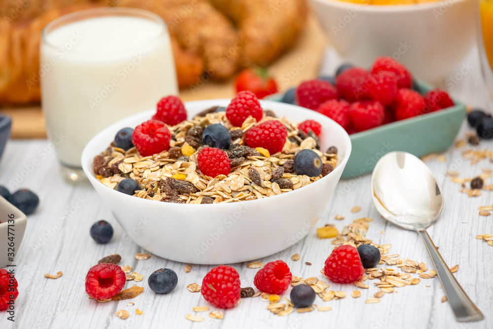 Breakfast Served in the morning with Butter croissant and corn flakes Whole grains and raisins with 