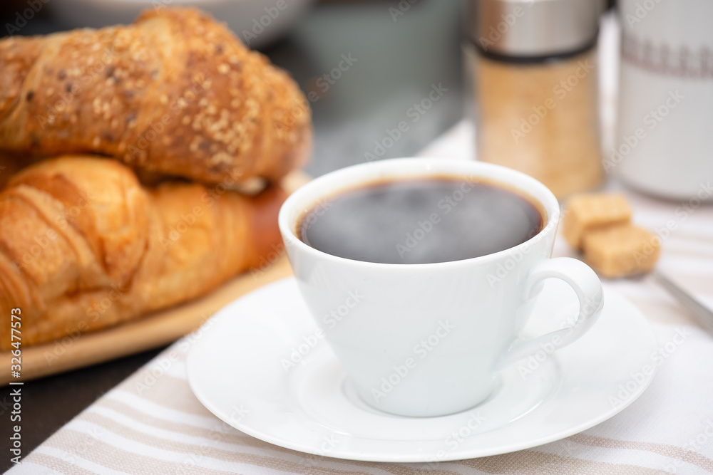 Breakfast Served in the morning with Hot black coffee and croissants Natural corn flake breakfast ce