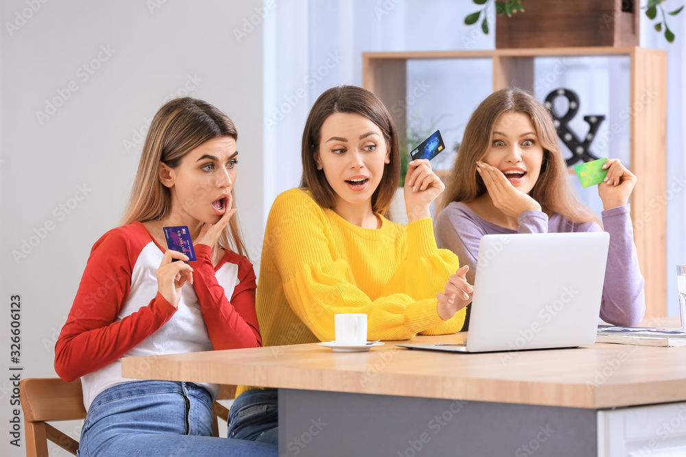 Young women using laptop for online shopping at home