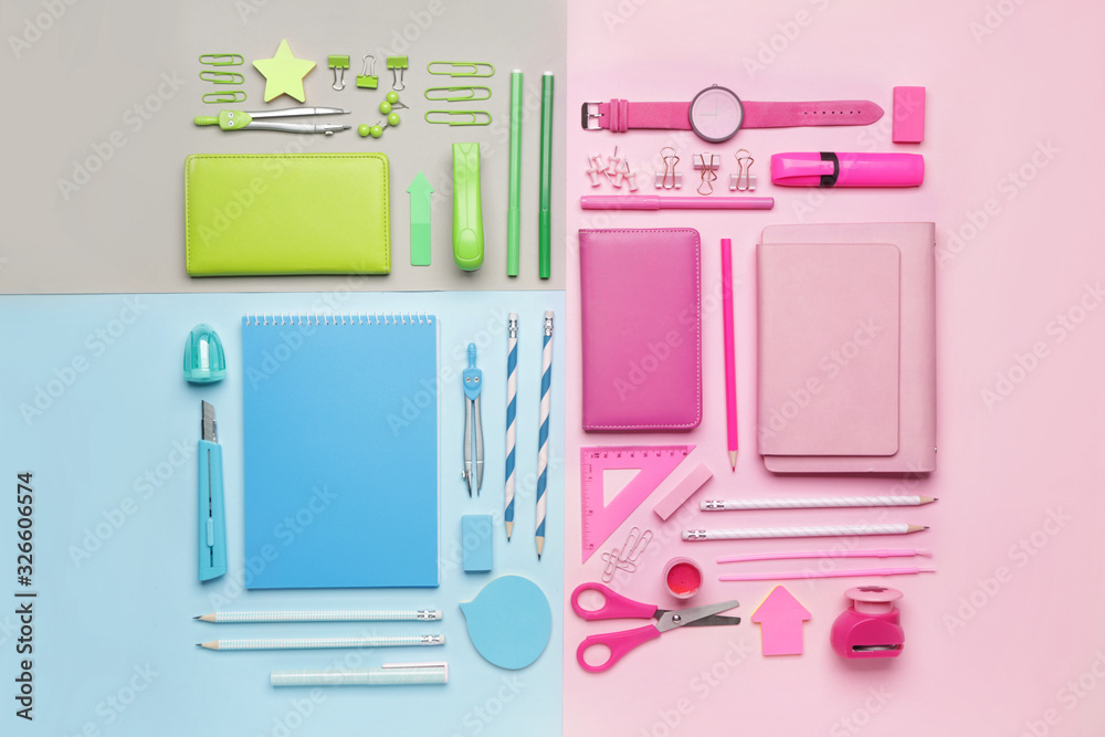 Set of school supplies with clock on color background