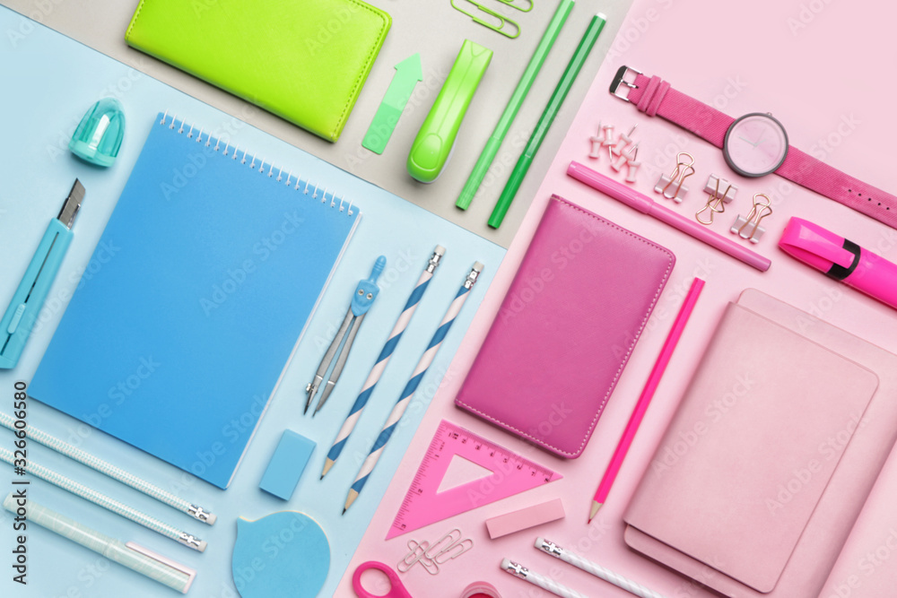 Set of school supplies with clock on color background