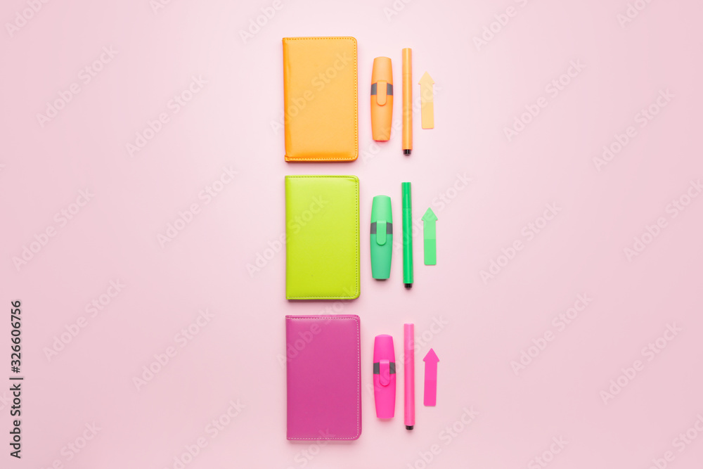 Set of school supplies on color background