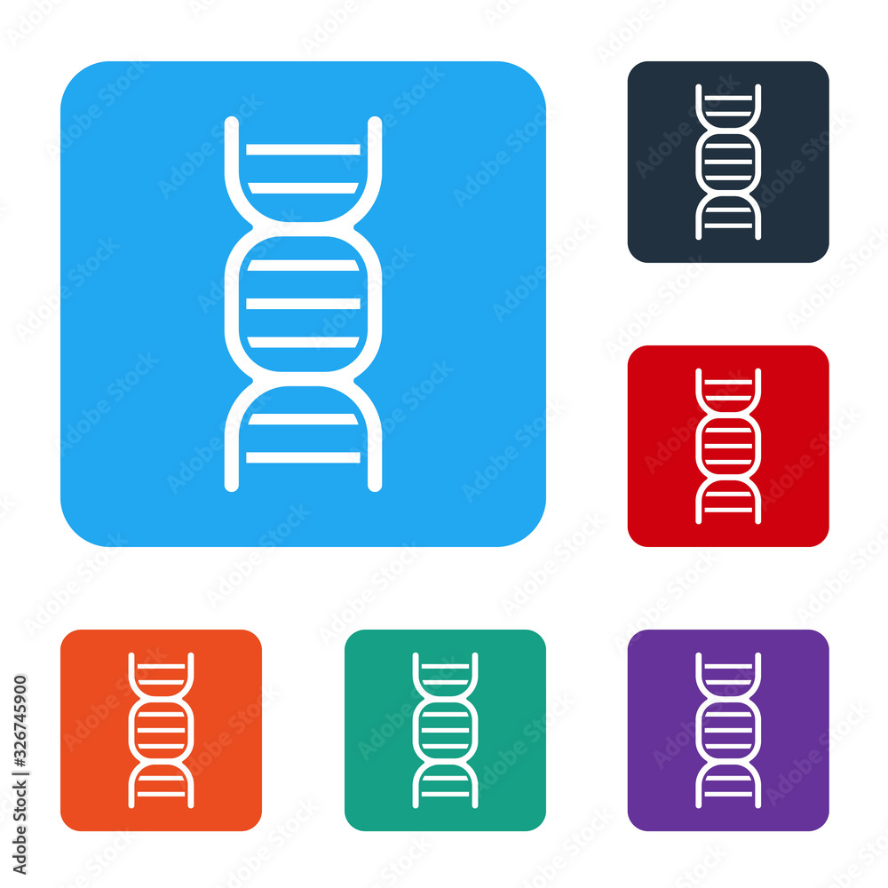 白色背景上隔离的白色DNA符号图标。将图标设置为彩色方形按钮。矢量照明