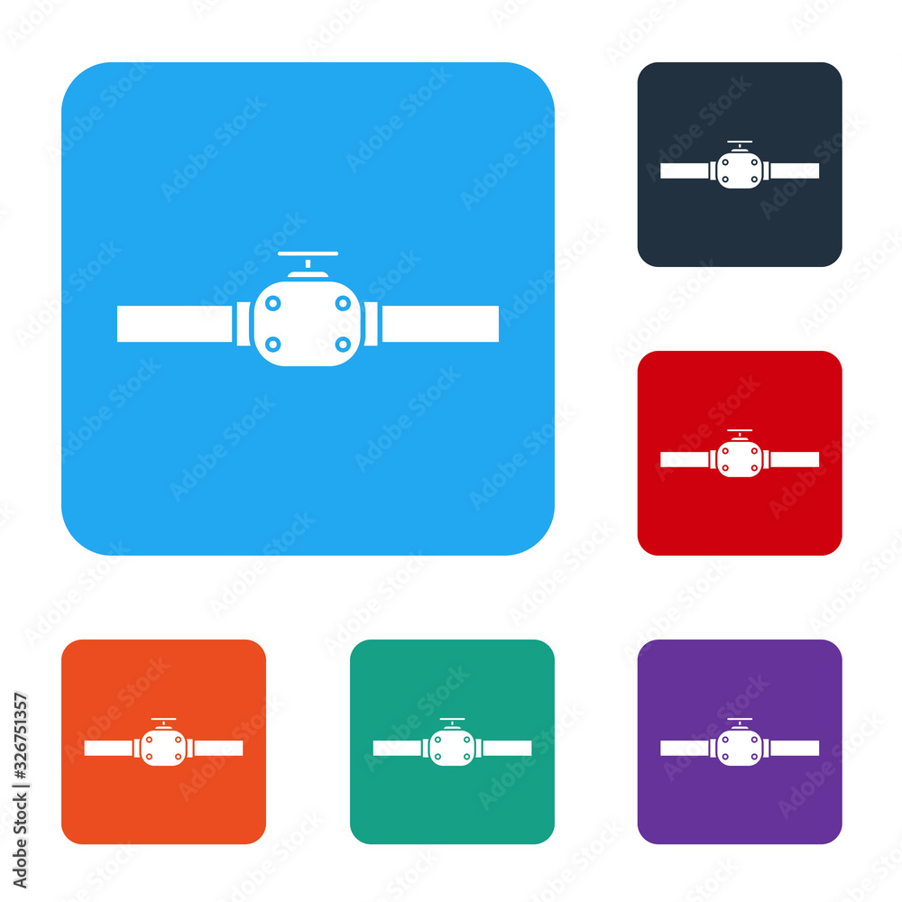 White Industry metallic pipes and valve icon isolated on white background. Set icons in color square