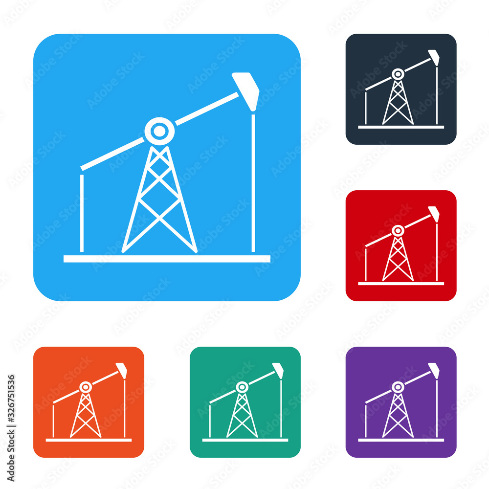 White Oil pump or pump jack icon isolated on white background. Oil rig. Set icons in color square bu