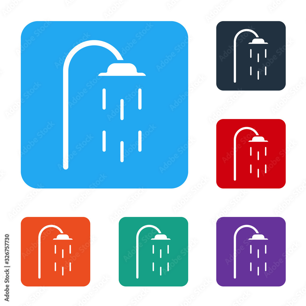 White Shower head with water drops flowing icon isolated on white background. Set icons in color squ