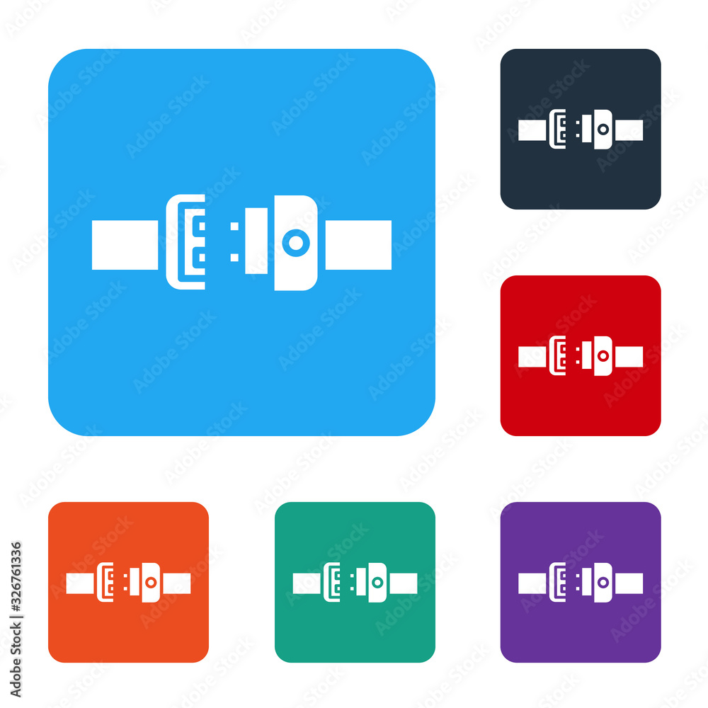 白色安全带图标隔离在白色背景上。安全带。将图标设置为彩色方形按钮。V