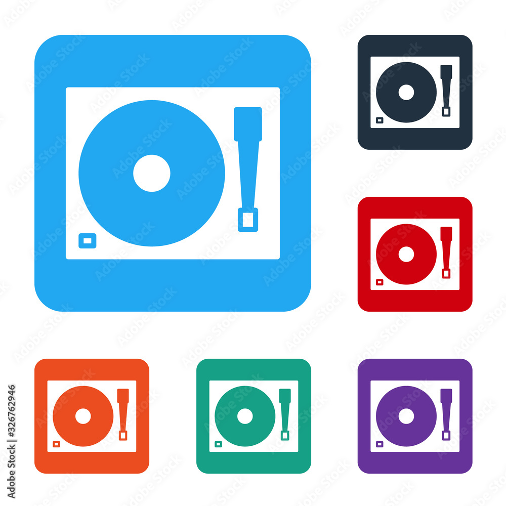 White Vinyl player with a vinyl disk icon isolated on white background. Set icons in color square bu