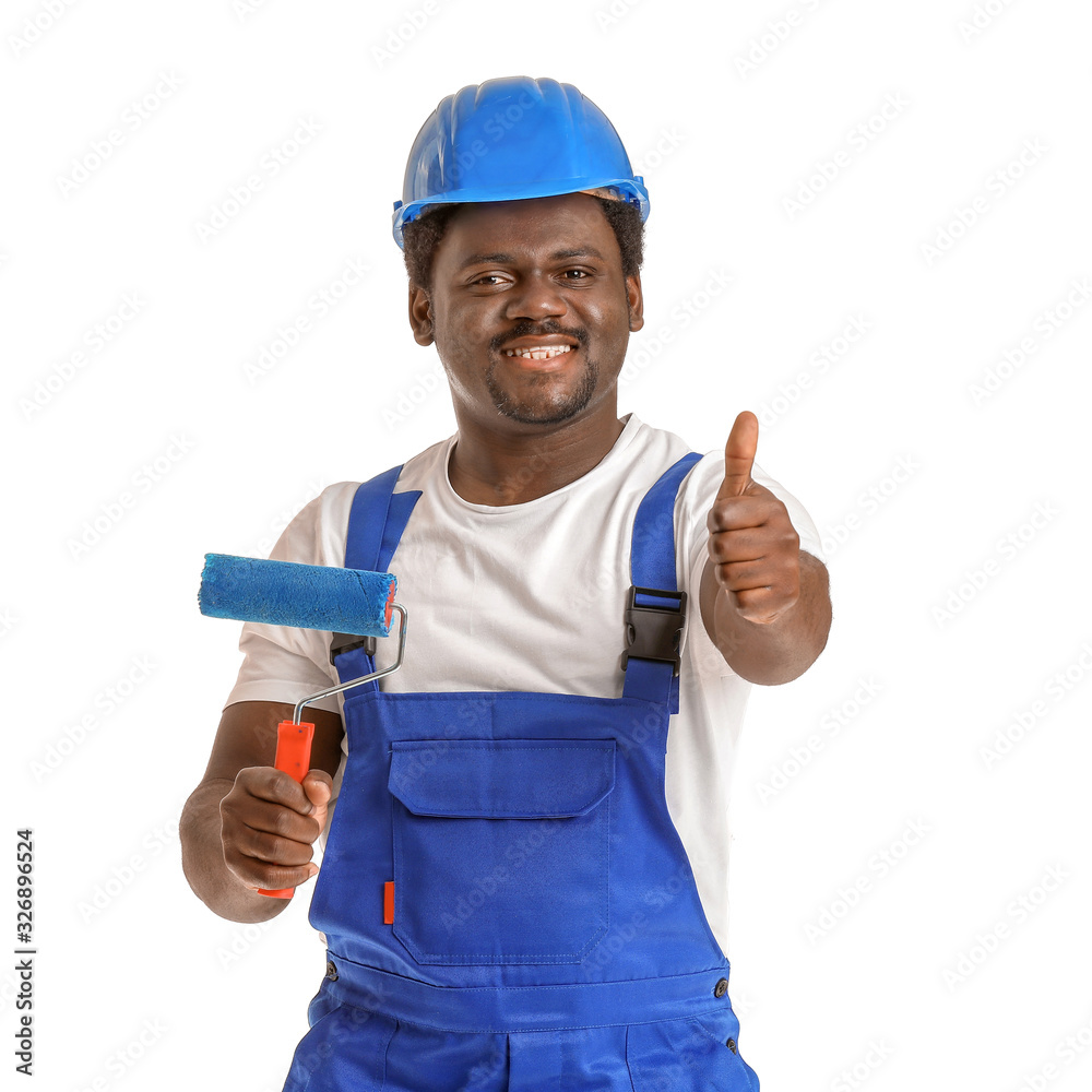 African-American painter showing thumb-up on white background