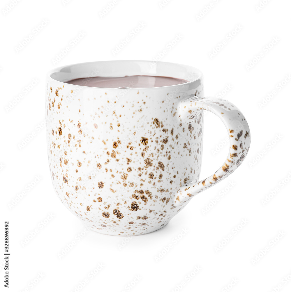 Cup of hot chocolate on white background