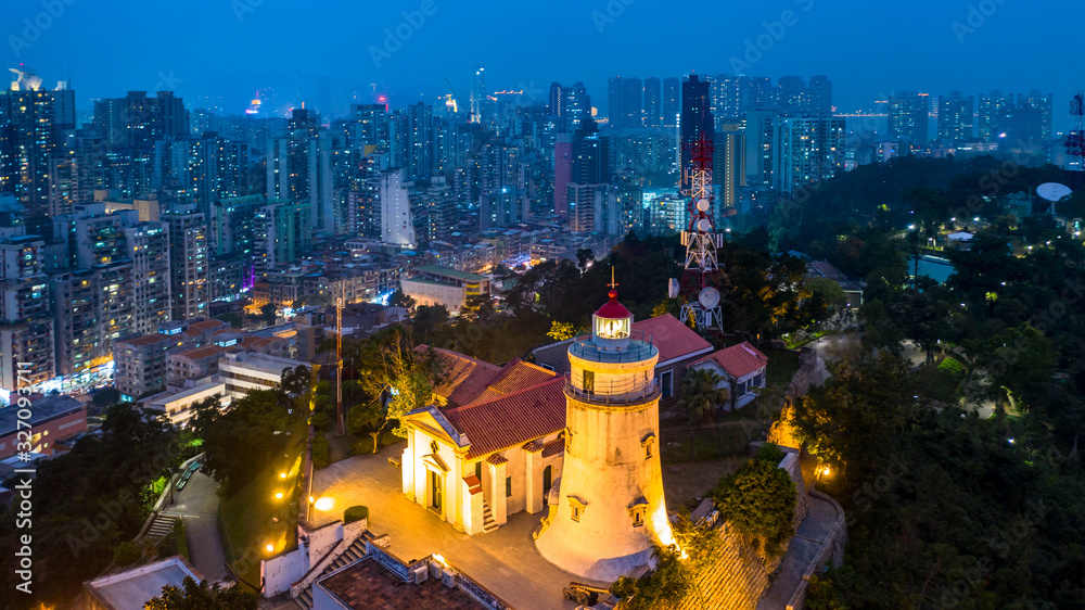 Lighthouse Guia Macau City at night, Capela de Nossa Senhora da Guia and Guia Lighthouse at the Guia