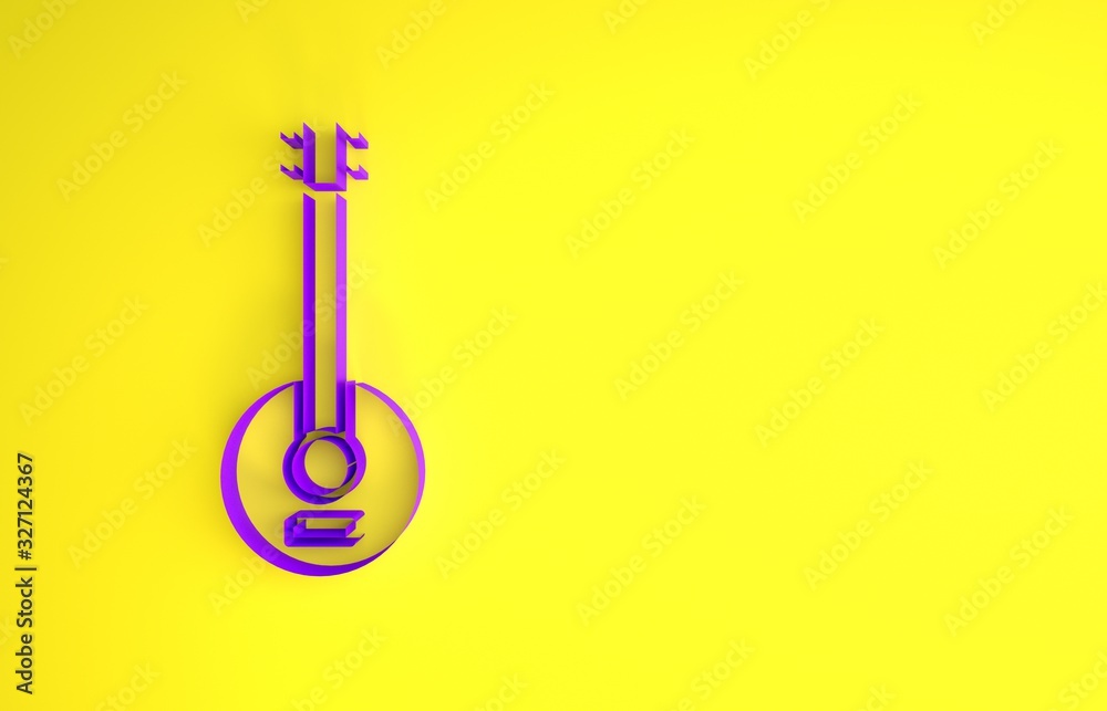 Purple Banjo icon isolated on yellow background. Musical instrument. Minimalism concept. 3d illustra