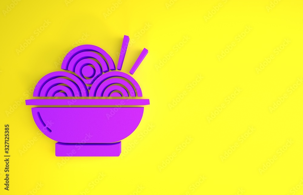 Purple Asian noodles in bowl and chopsticks icon isolated on yellow background. Street fast food. Ko