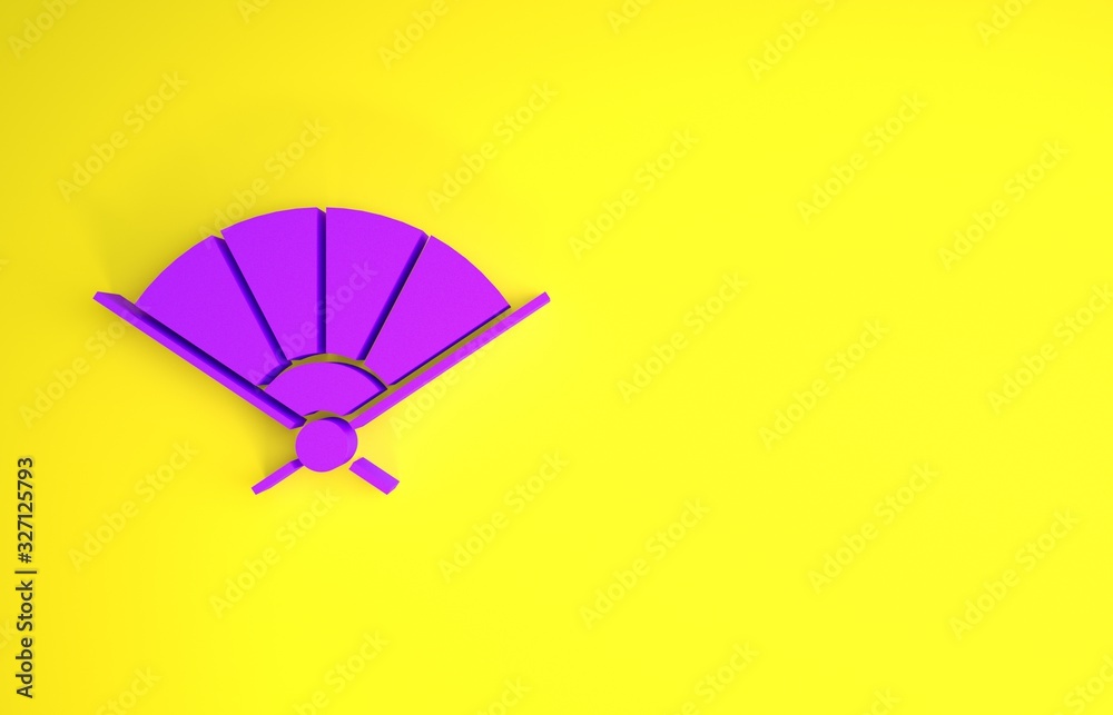 Purple Traditional paper chinese or japanese folding fan icon isolated on yellow background. Minimal