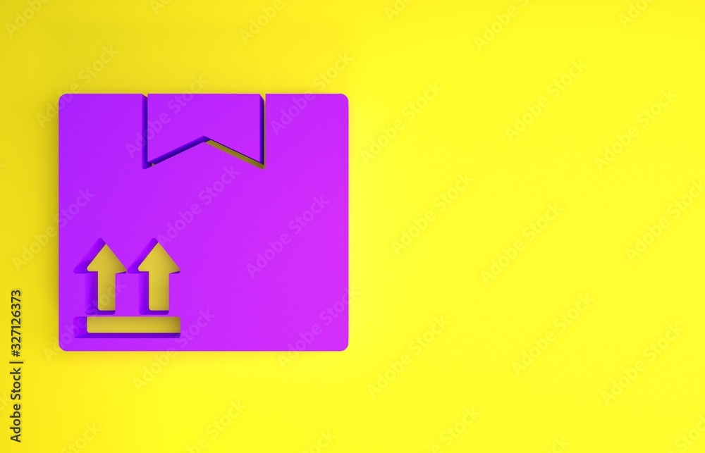 Purple Cardboard box with traffic symbol icon isolated on yellow background. Box, package, parcel. D