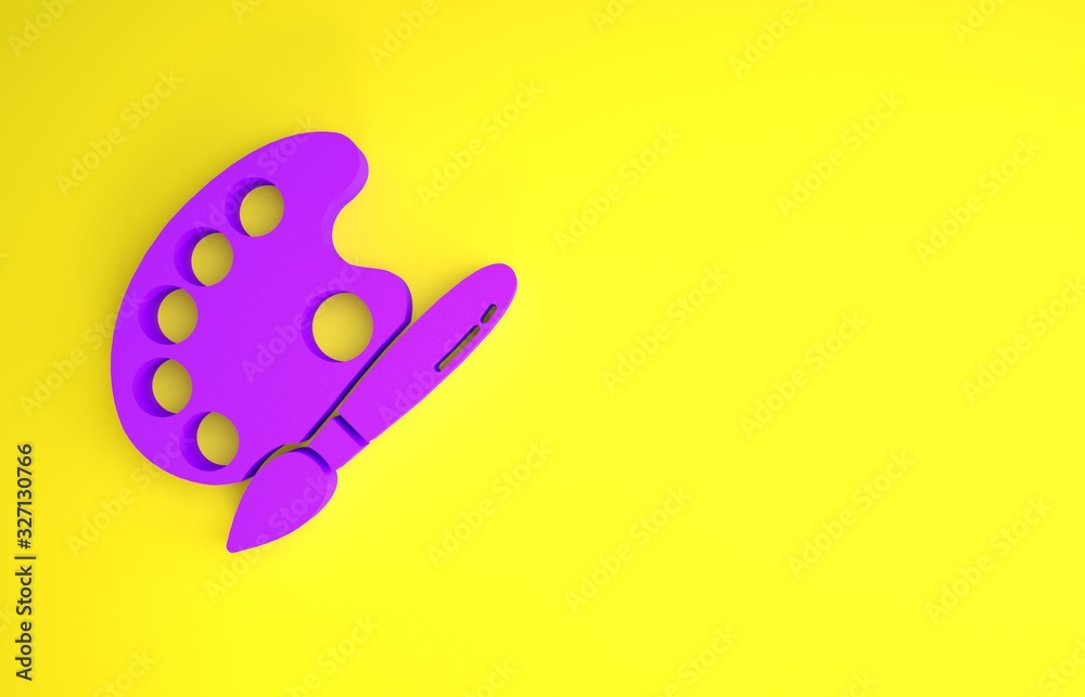 Purple Paint brush with palette icon isolated on yellow background. Minimalism concept. 3d illustrat