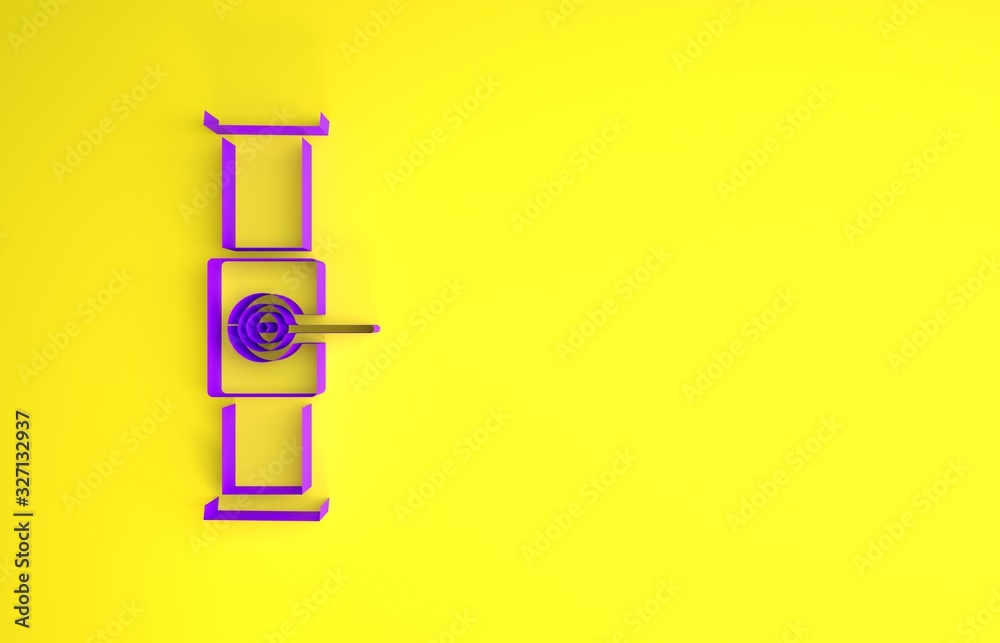 Purple Industry metallic pipe and valve icon isolated on yellow background. Minimalism concept. 3d i