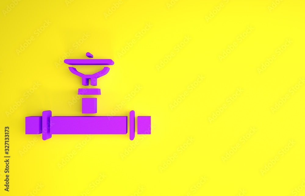 Purple Industry metallic pipe and valve icon isolated on yellow background. Minimalism concept. 3d i