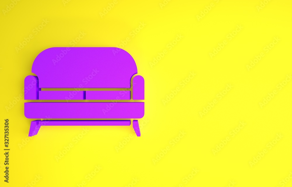 Purple Sofa icon isolated on yellow background. Minimalism concept. 3d illustration 3D render