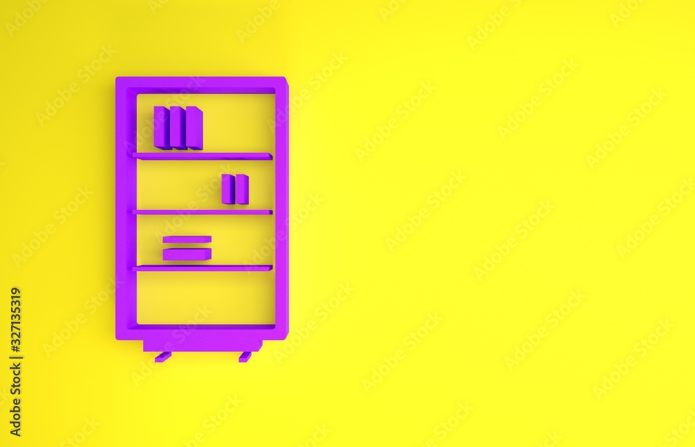 Purple Library bookshelf icon isolated on yellow background. Minimalism concept. 3d illustration 3D 