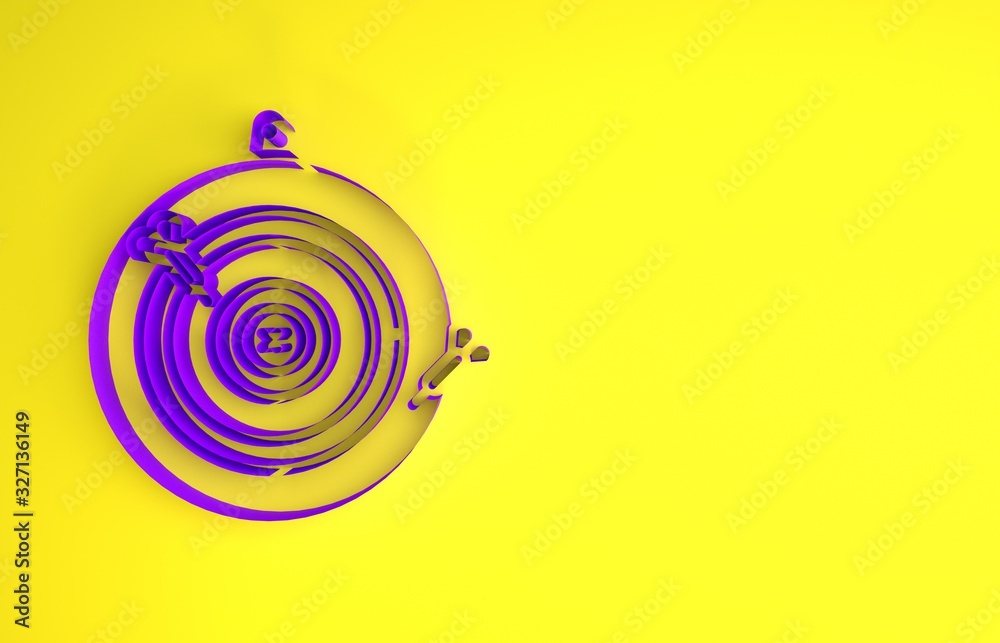 Purple Classic dart board and arrow icon isolated on yellow background. Dartboard sign. Game concept