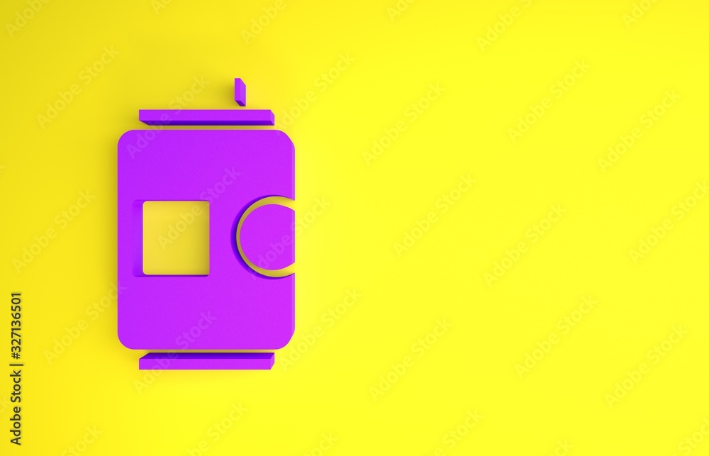 Purple Beer can icon isolated on yellow background. Minimalism concept. 3d illustration 3D render